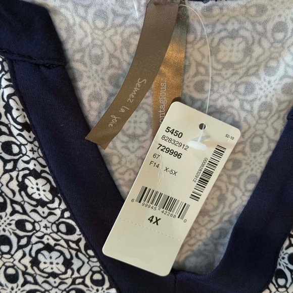 TUNIC, ¾ SLEEVE, TOP TILE BLUE & NAVY BOTTOM, SIZE 4X, V NECK, RAYON/SPANDEX, - Picture 4 of 9